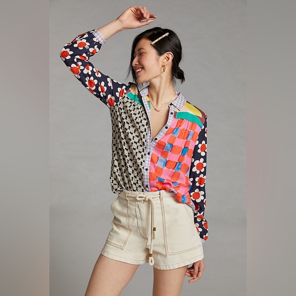 Anthropologie Paz Multicolor Patchwork Button Dow… - image 1